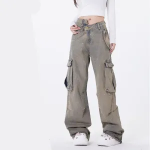 American Street Fashion Retro Easy Matching Washed Cargo Pocket Denim Trousers