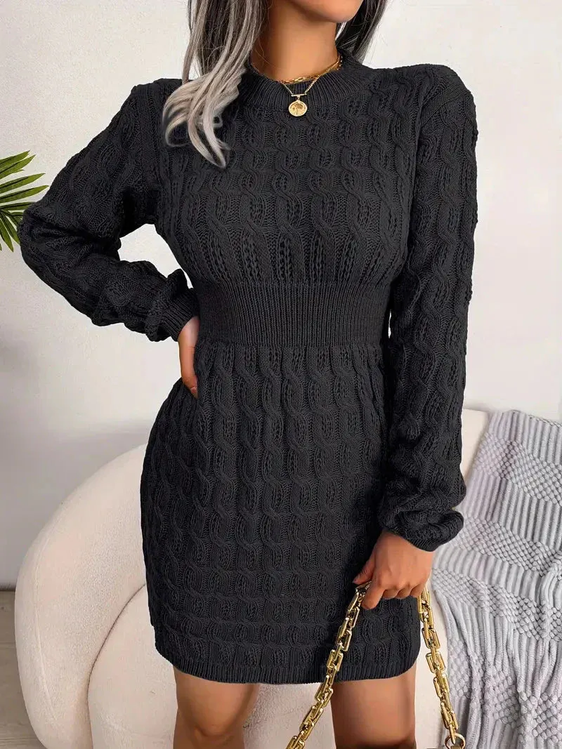 Amozae-nye outfits back to school dress  Body-Con Cable Knit Crewneck Sweater Dress