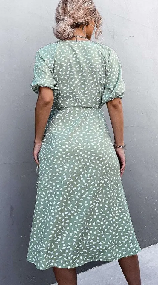 Boho Fashion A-line Split Casual Women Chiffon thigh-high split Dress V Neck Side Wrap Midi Dress Summer Polka Dot Dresses Female Puff Sleeve