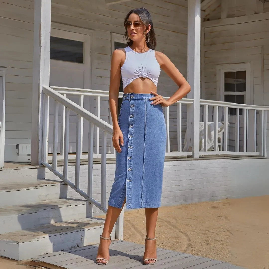Button Irregular Slit Denim High Waist Skirt