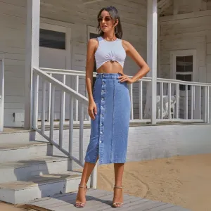 Button Irregular Slit Denim High Waist Skirt