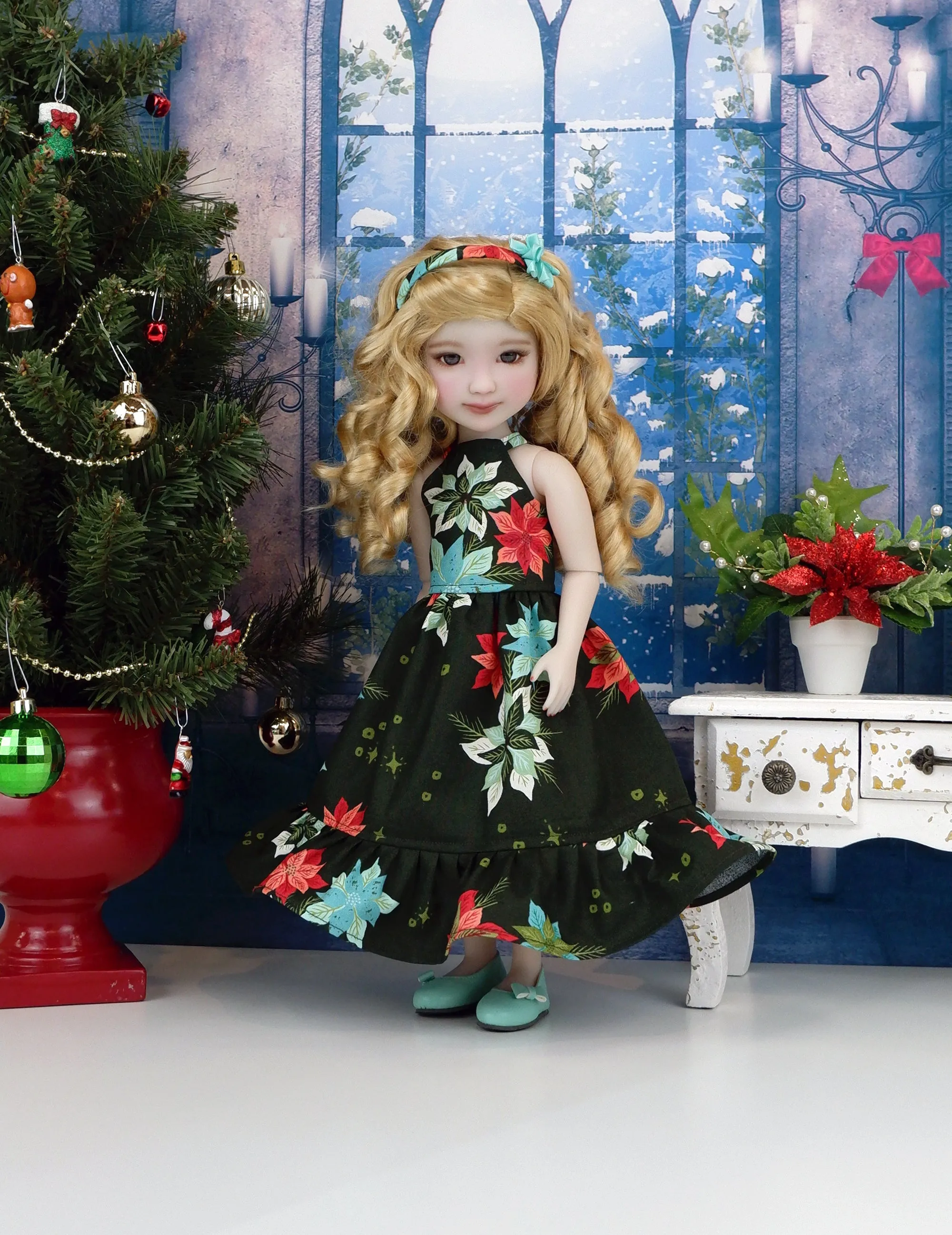 Charming Poinsettias - dress with shoes for Ruby Red Fashion Friends doll