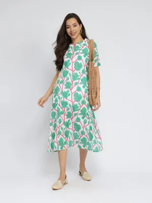 Cotton Floral A-Line Dress - Green & Red