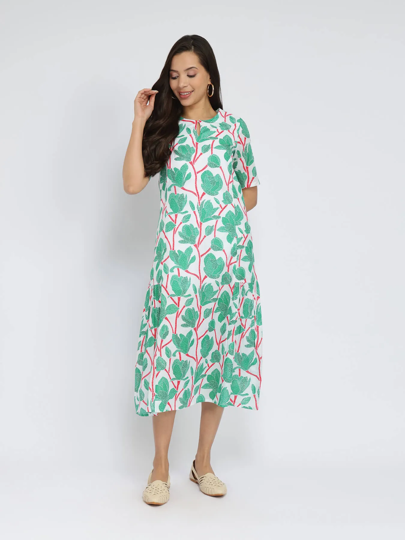 Cotton Floral A-Line Dress - Green & Red