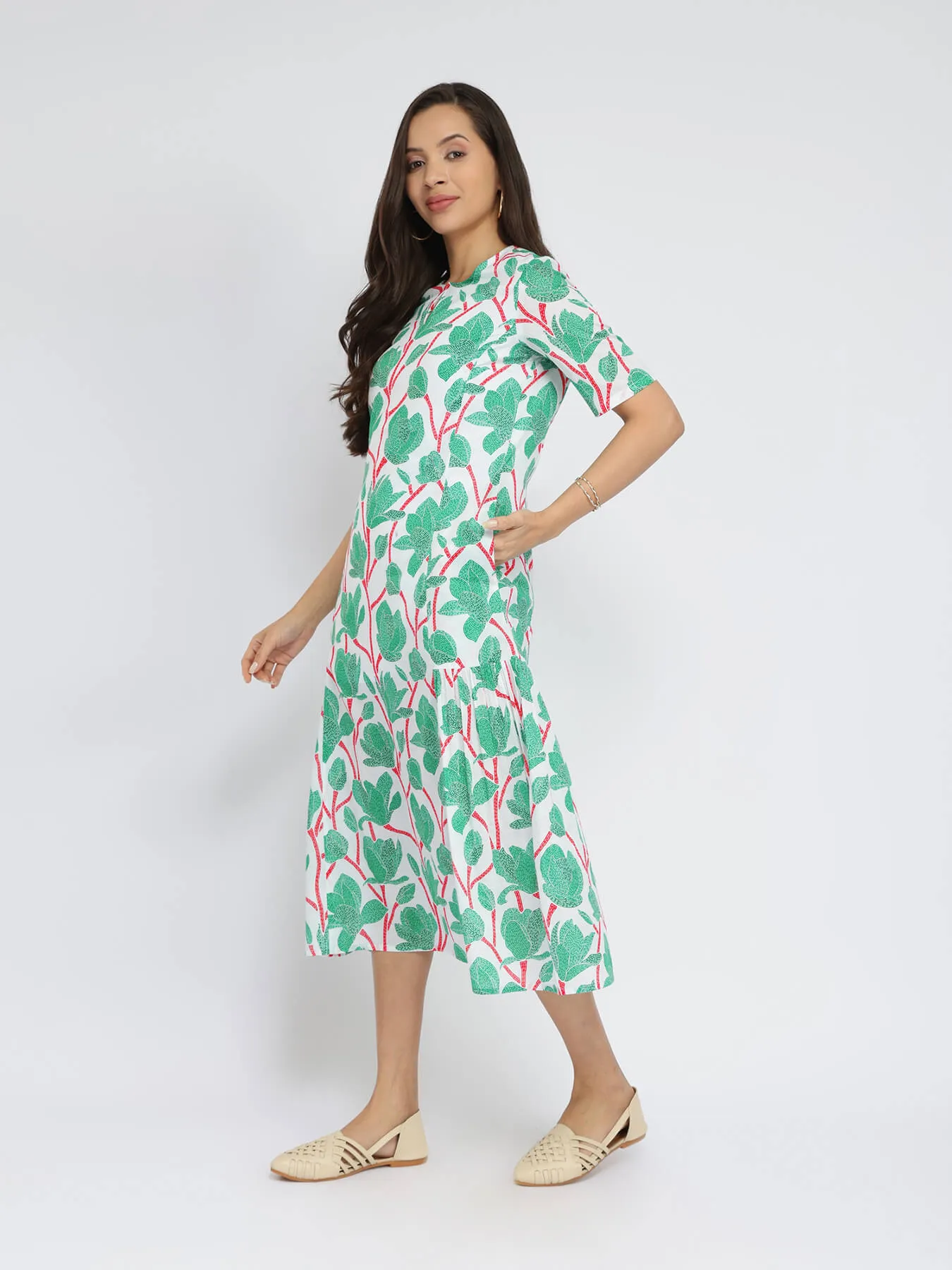 Cotton Floral A-Line Dress - Green & Red