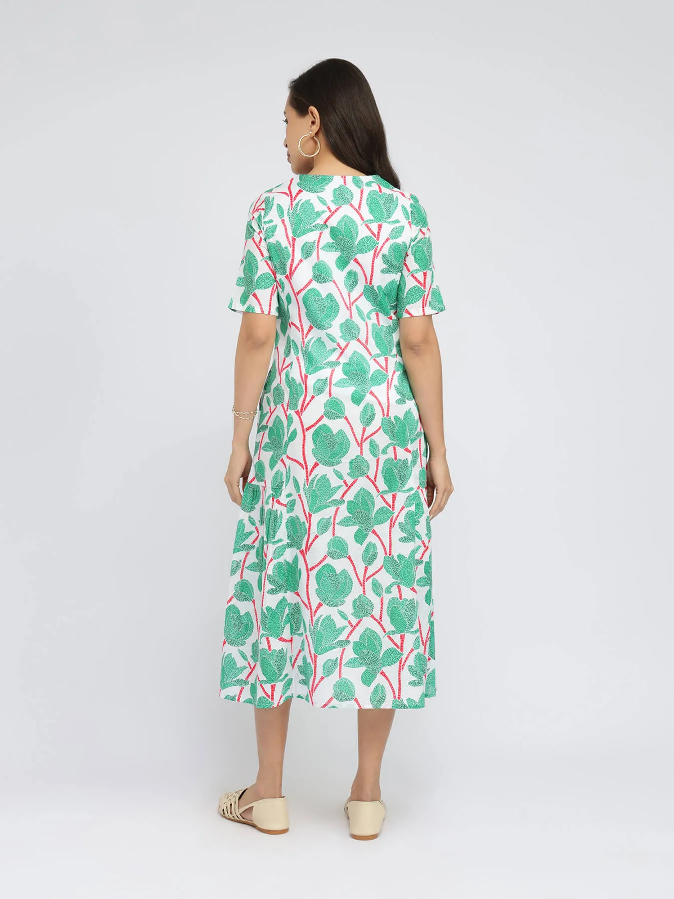 Cotton Floral A-Line Dress - Green & Red