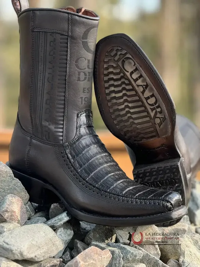 CUADRA SHORT BOOT PLUNGE BLACK CAIMAN LASER & WOVEN NARROW SQUARE TOE