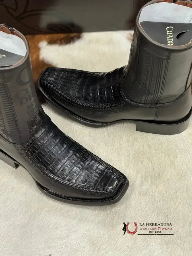 CUADRA SHORT BOOT PLUNGE BLACK CAIMAN LASER & WOVEN NARROW SQUARE TOE