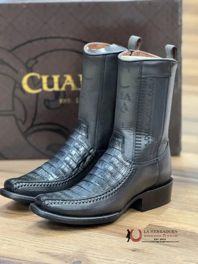 CUADRA SHORT BOOT PLUNGE BLACK CAIMAN LASER & WOVEN NARROW SQUARE TOE