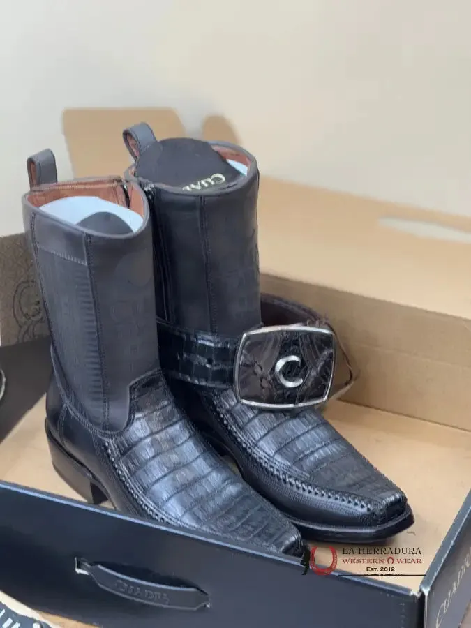 CUADRA SHORT BOOT PLUNGE BLACK CAIMAN LASER & WOVEN NARROW SQUARE TOE