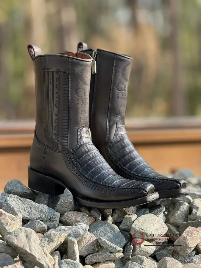 CUADRA SHORT BOOT PLUNGE BLACK CAIMAN LASER & WOVEN NARROW SQUARE TOE