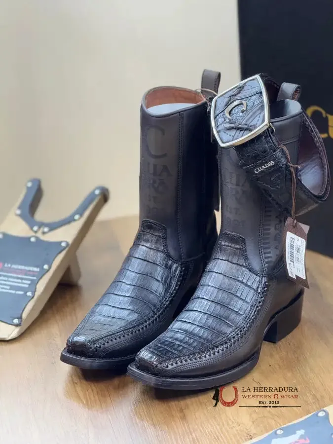 CUADRA SHORT BOOT PLUNGE BLACK CAIMAN LASER & WOVEN NARROW SQUARE TOE