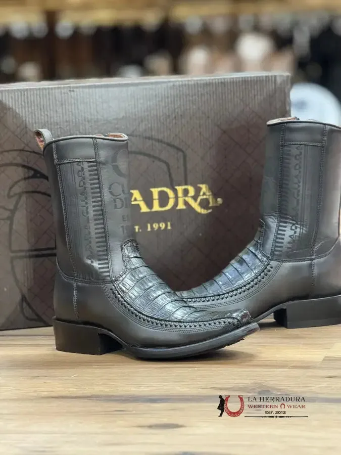CUADRA SHORT BOOT PLUNGE BLACK CAIMAN LASER & WOVEN NARROW SQUARE TOE