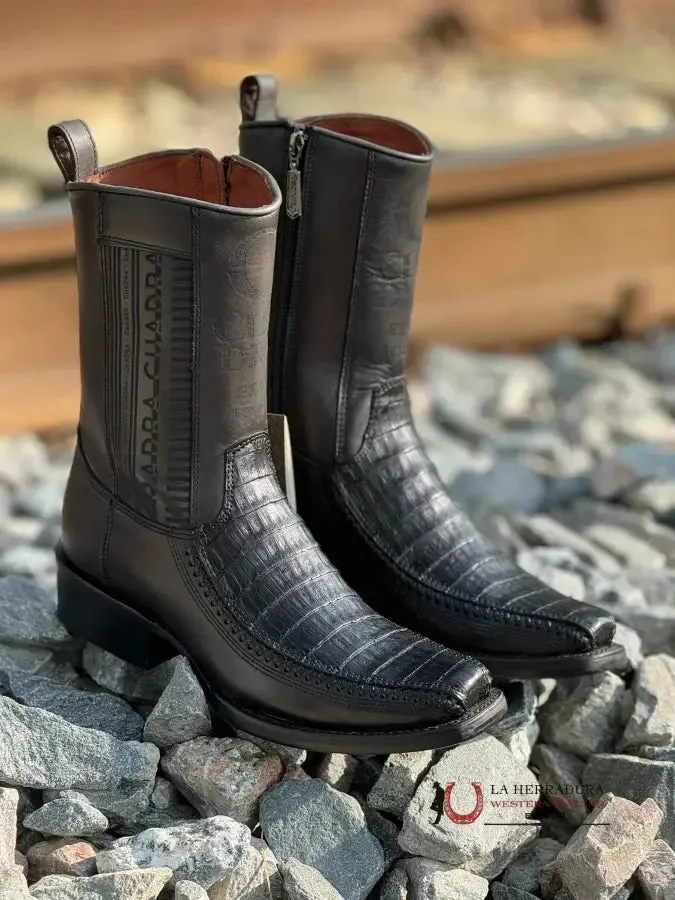 CUADRA SHORT BOOT PLUNGE BLACK CAIMAN LASER & WOVEN NARROW SQUARE TOE