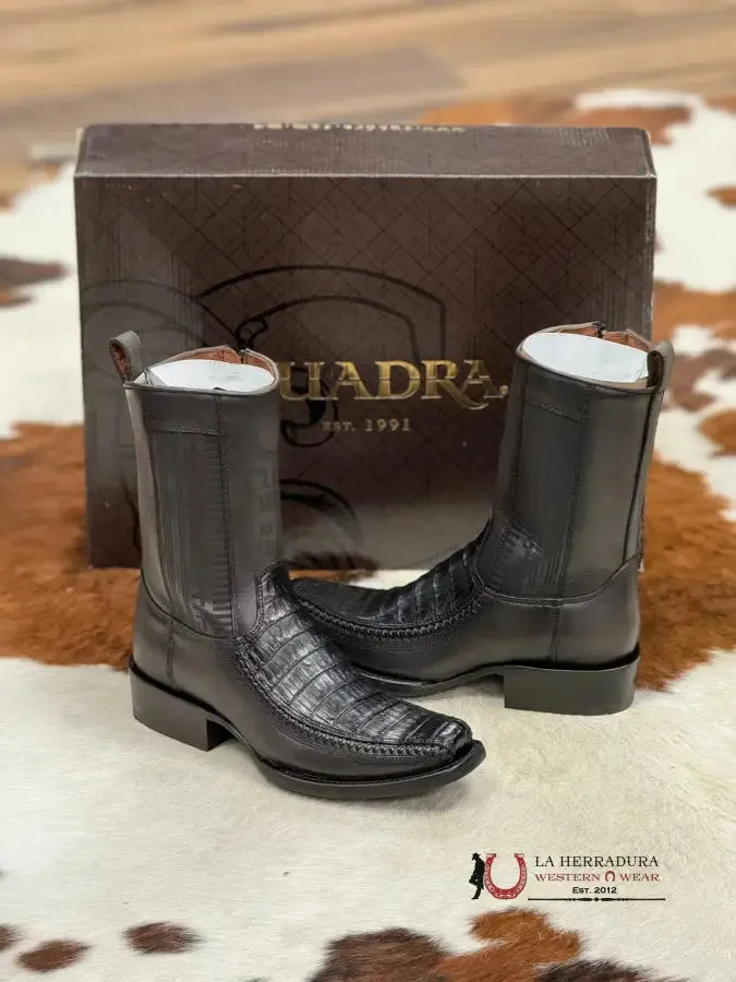 CUADRA SHORT BOOT PLUNGE BLACK CAIMAN LASER & WOVEN NARROW SQUARE TOE