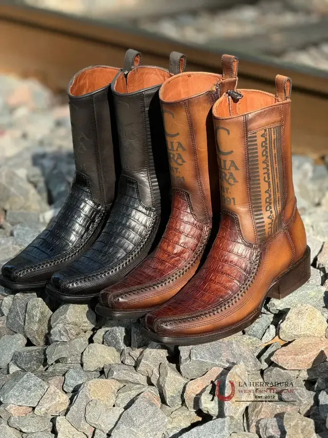 CUADRA SHORT BOOT PLUNGE BLACK CAIMAN LASER & WOVEN NARROW SQUARE TOE