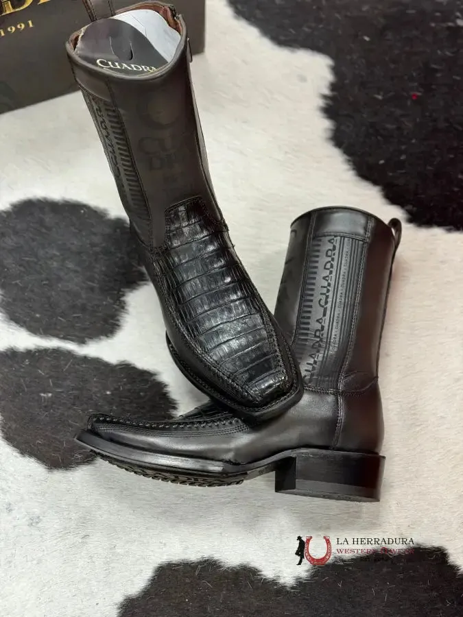 CUADRA SHORT BOOT PLUNGE BLACK CAIMAN LASER & WOVEN NARROW SQUARE TOE