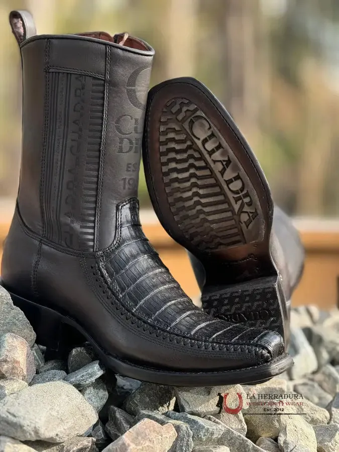 CUADRA SHORT BOOT PLUNGE BLACK CAIMAN LASER & WOVEN NARROW SQUARE TOE
