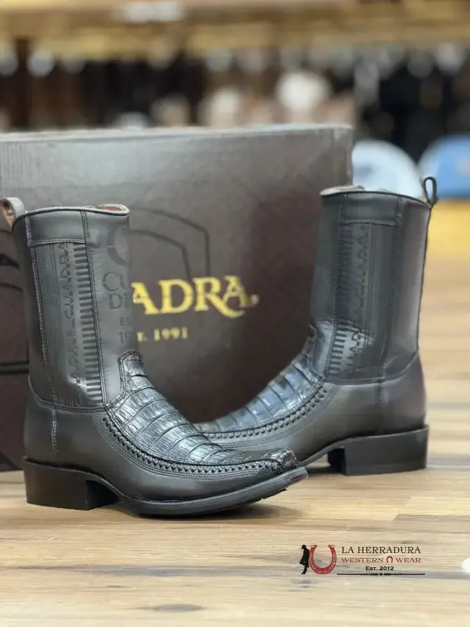 CUADRA SHORT BOOT PLUNGE BLACK CAIMAN LASER & WOVEN NARROW SQUARE TOE
