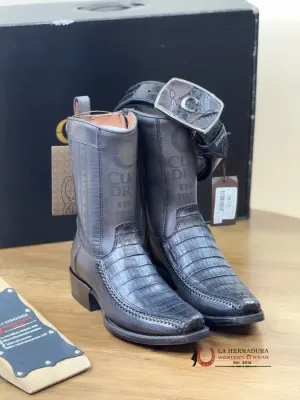 CUADRA SHORT BOOT PLUNGE BLACK CAIMAN LASER & WOVEN NARROW SQUARE TOE