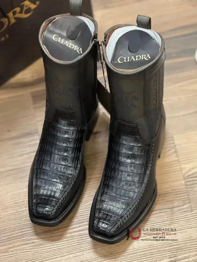 CUADRA SHORT BOOT PLUNGE BLACK CAIMAN LASER & WOVEN NARROW SQUARE TOE