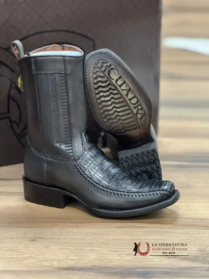CUADRA SHORT BOOT PLUNGE BLACK CAIMAN LASER & WOVEN NARROW SQUARE TOE