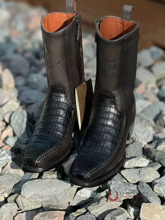 CUADRA SHORT BOOT PLUNGE BLACK CAIMAN LASER & WOVEN NARROW SQUARE TOE
