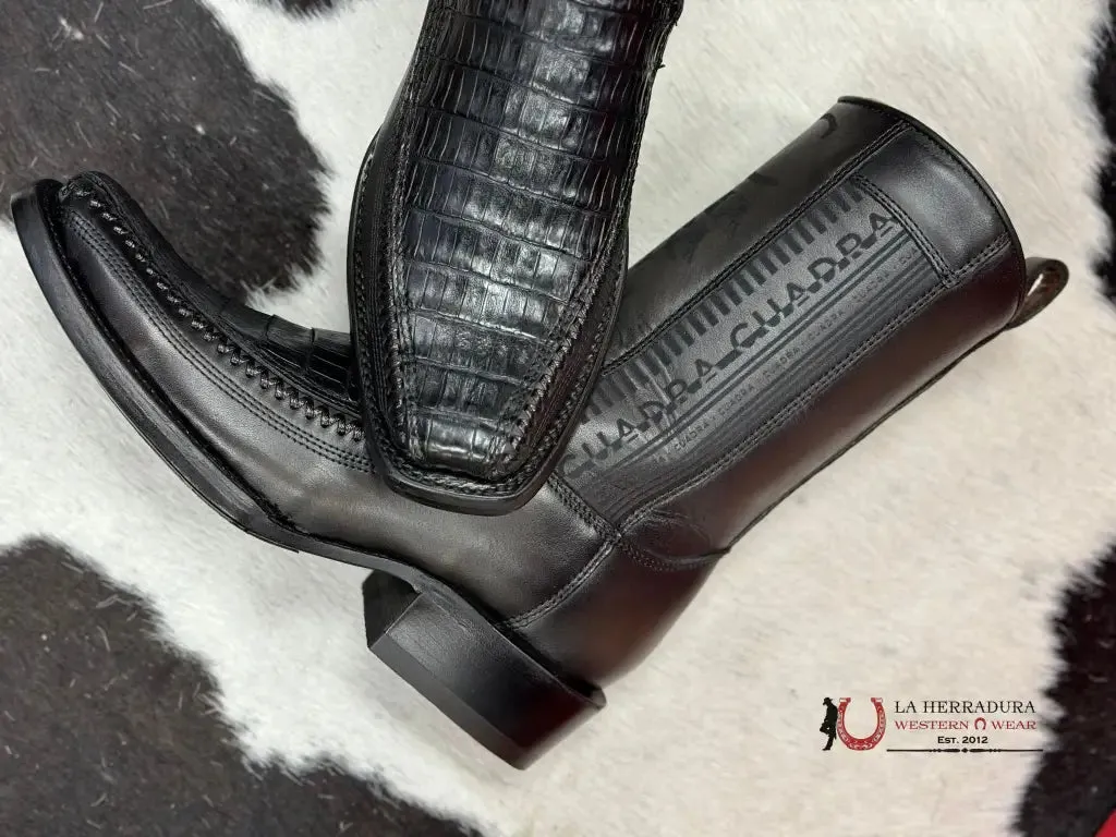 CUADRA SHORT BOOT PLUNGE BLACK CAIMAN LASER & WOVEN NARROW SQUARE TOE