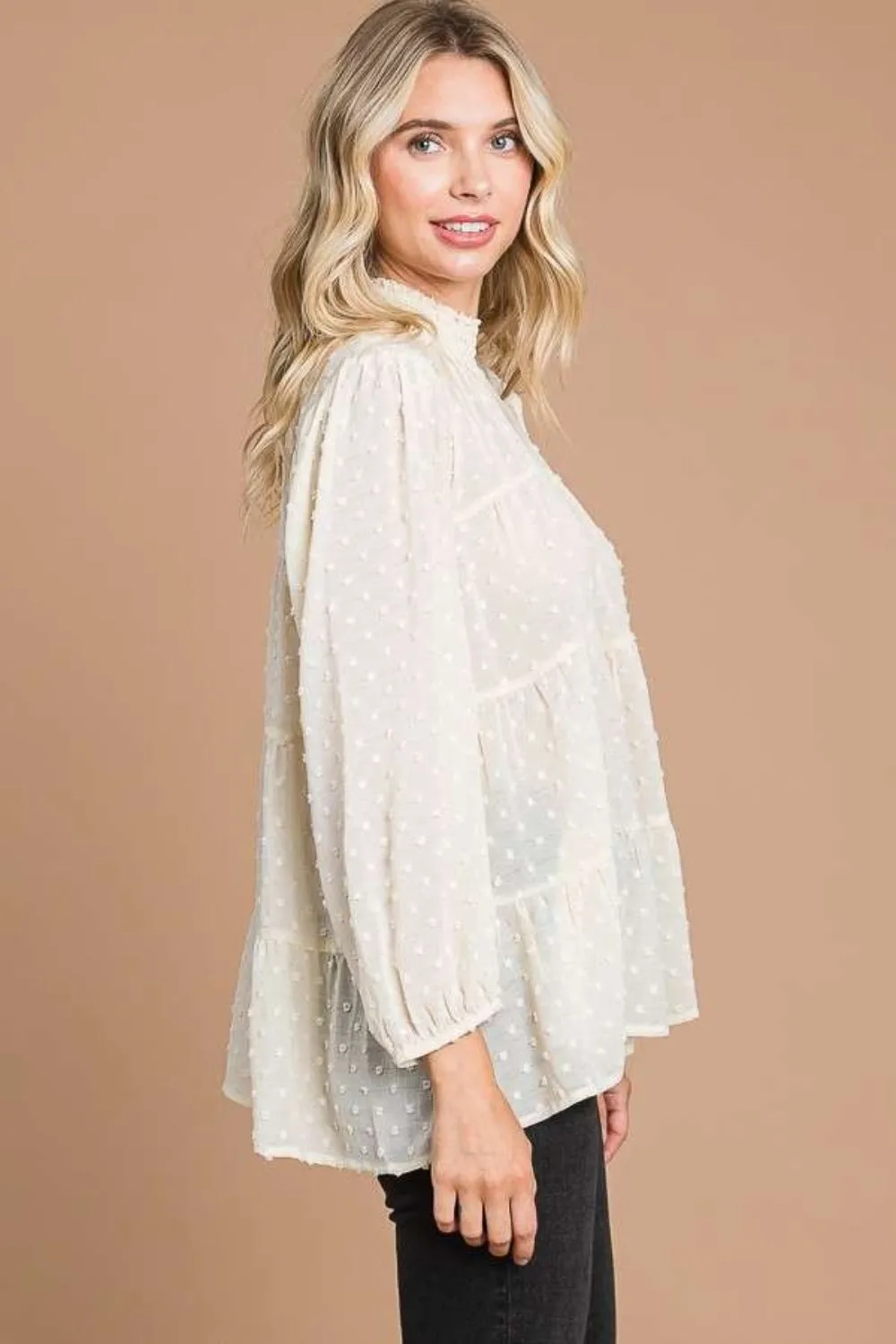 Culture Code Full Size Swiss Dot Smocked Mock Neck Blouse Plus Size