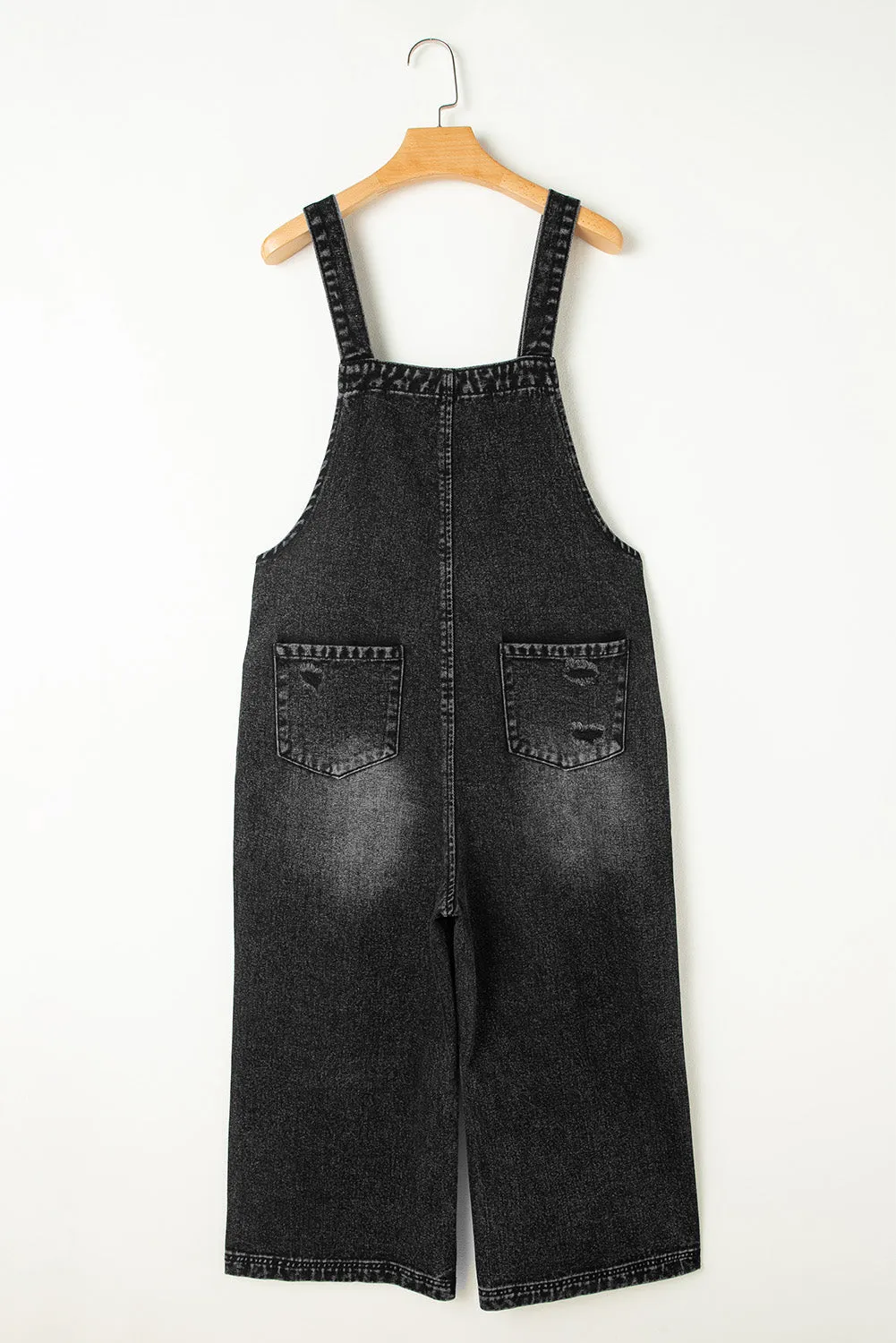 Distressed Bib Pocket Wide Leg Denim Overall
