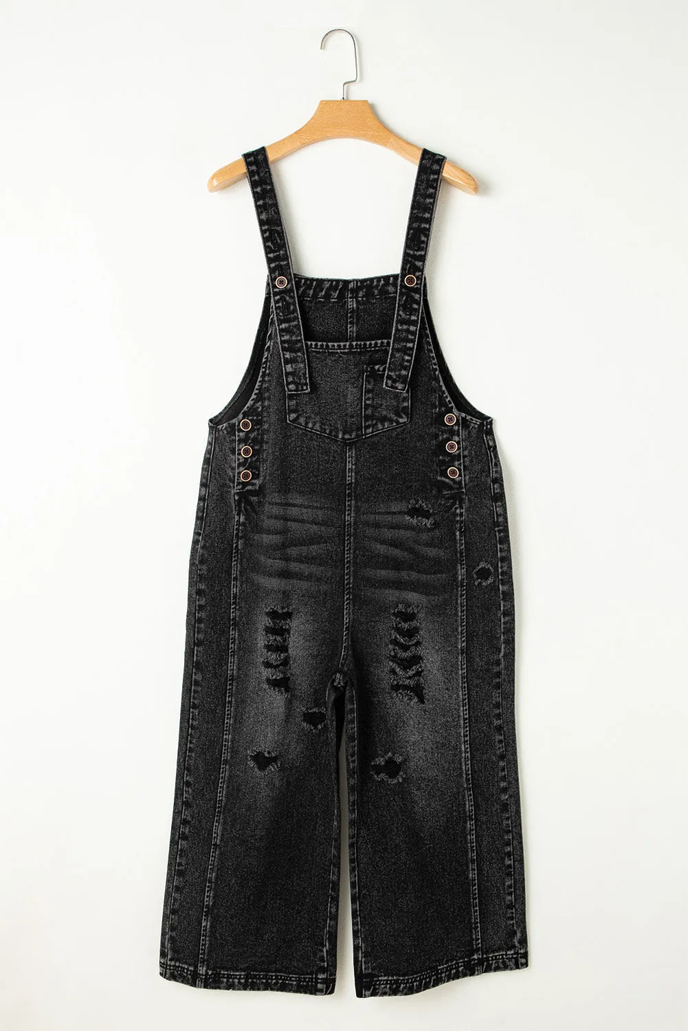 Distressed Bib Pocket Wide Leg Denim Overall