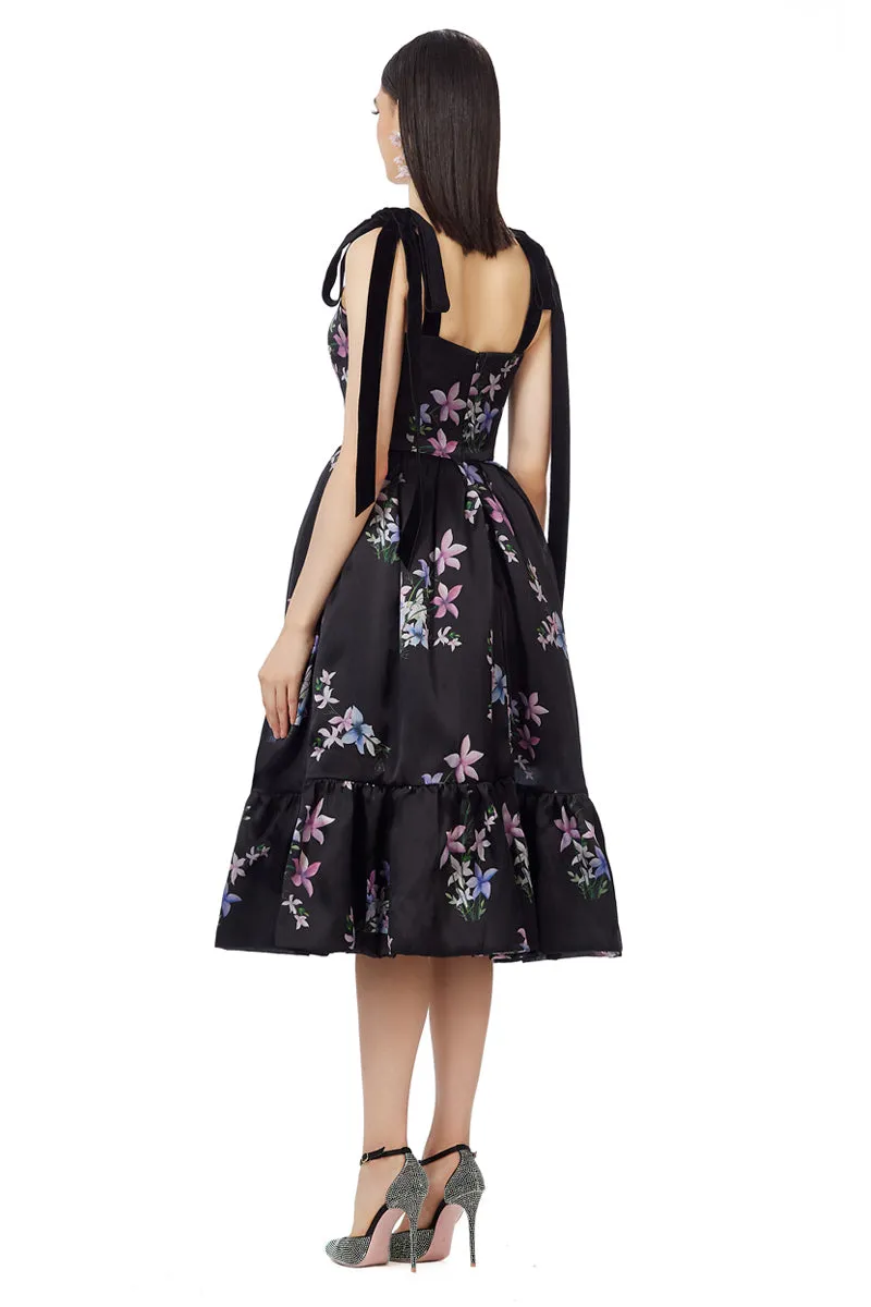 Floral Print Silk Gazar Velvet Straps Dress