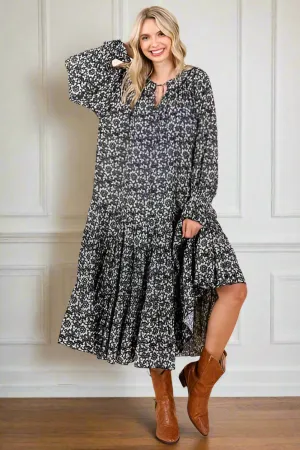 Flowing Flowers Tie Neck Flounce Sleeve Midi Dress