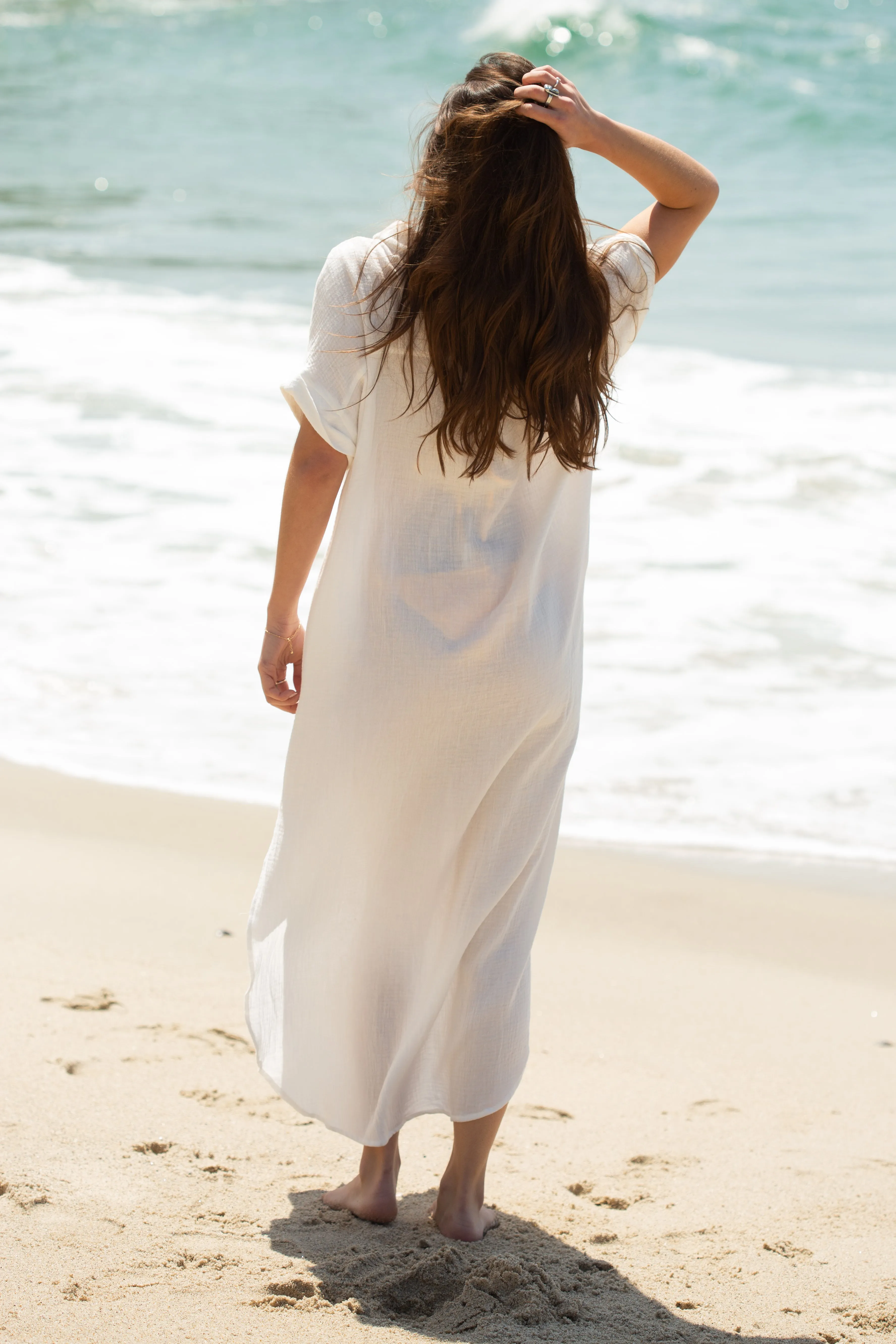 Gauze Short Sleeve Button Down Maxi Shirt Dress / Ivory