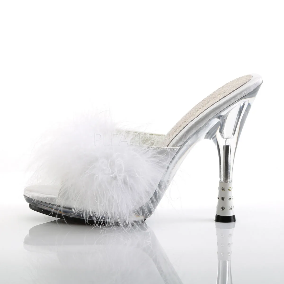 GLITZY-501-8  White Satin Fur/Clear