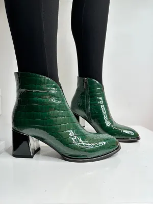Green Patent Ankle Boot with Block Heel and Side Zip