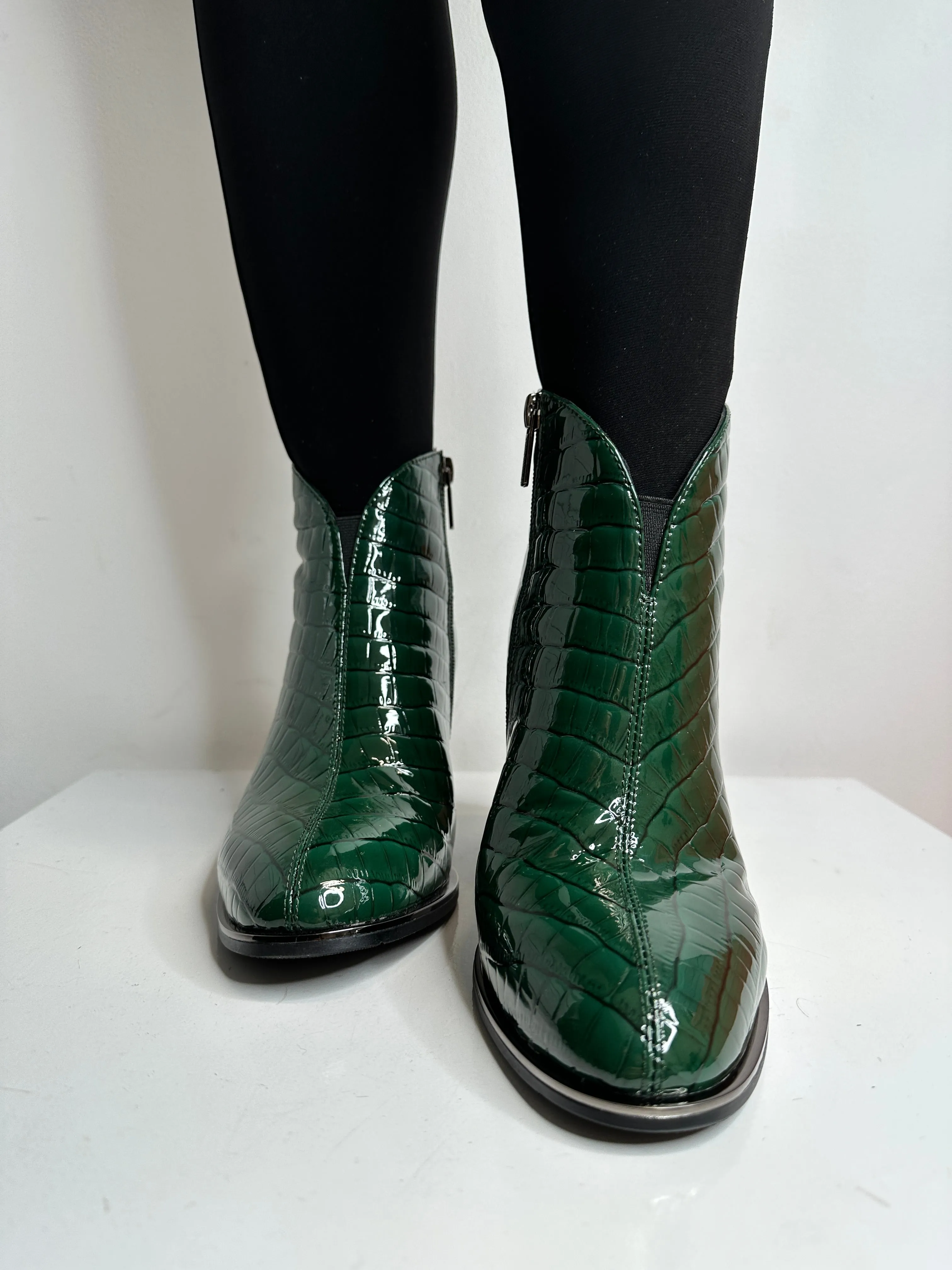 Green Patent Ankle Boot with Block Heel and Side Zip
