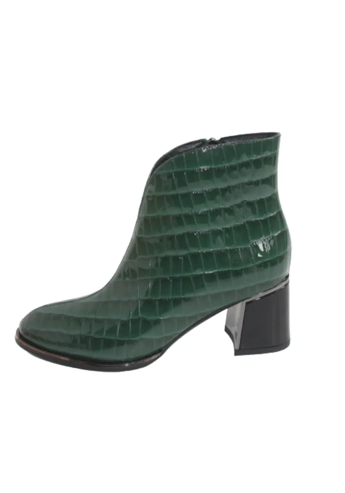 Green Patent Ankle Boot with Block Heel and Side Zip
