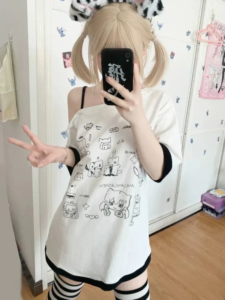 Harajuku Kawaii Cartoon Print Loose Tee – Gothic Sweet Style From Kawaii Stop