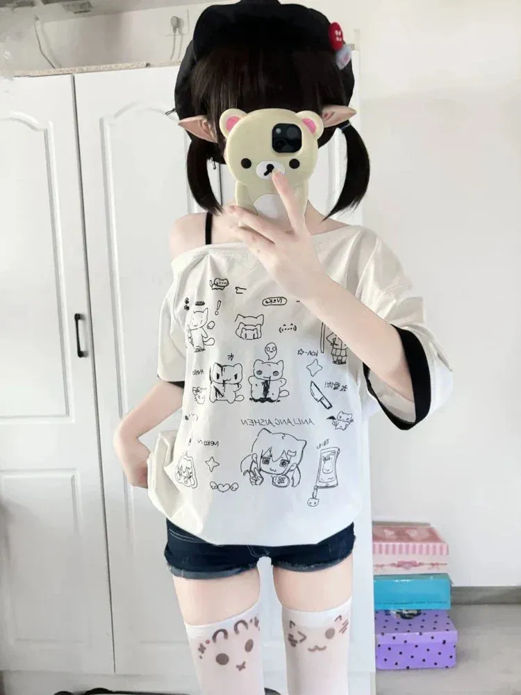Harajuku Kawaii Cartoon Print Loose Tee – Gothic Sweet Style From Kawaii Stop