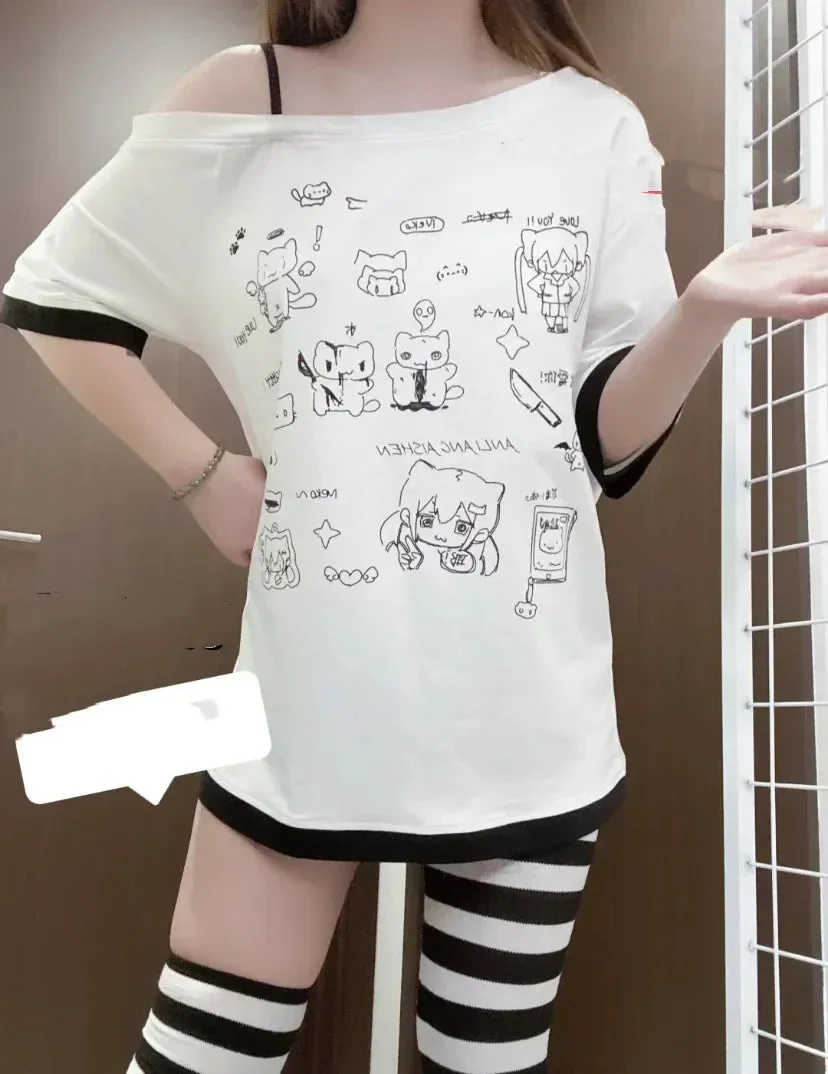 Harajuku Kawaii Cartoon Print Loose Tee – Gothic Sweet Style From Kawaii Stop