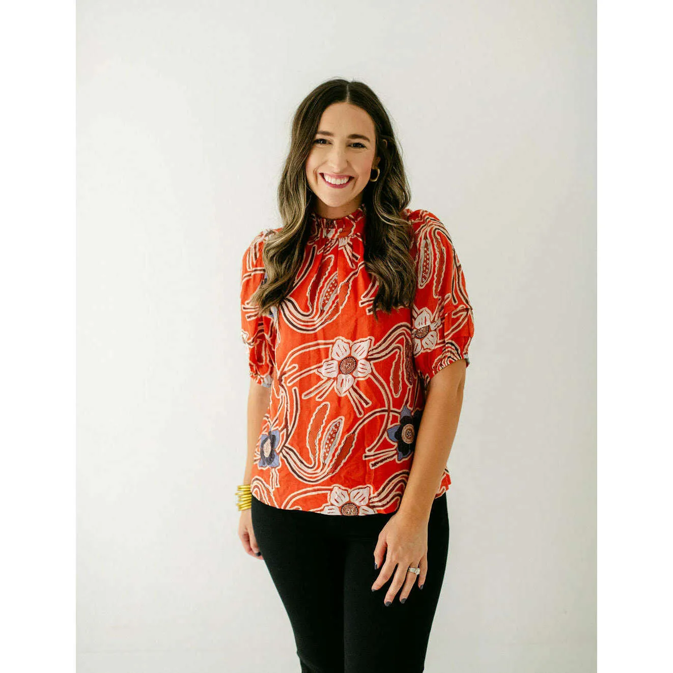 Joy*Joy Red Poppies Ruffle Neck Top