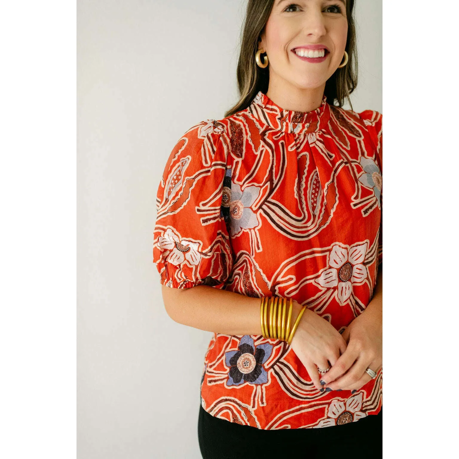 Joy*Joy Red Poppies Ruffle Neck Top