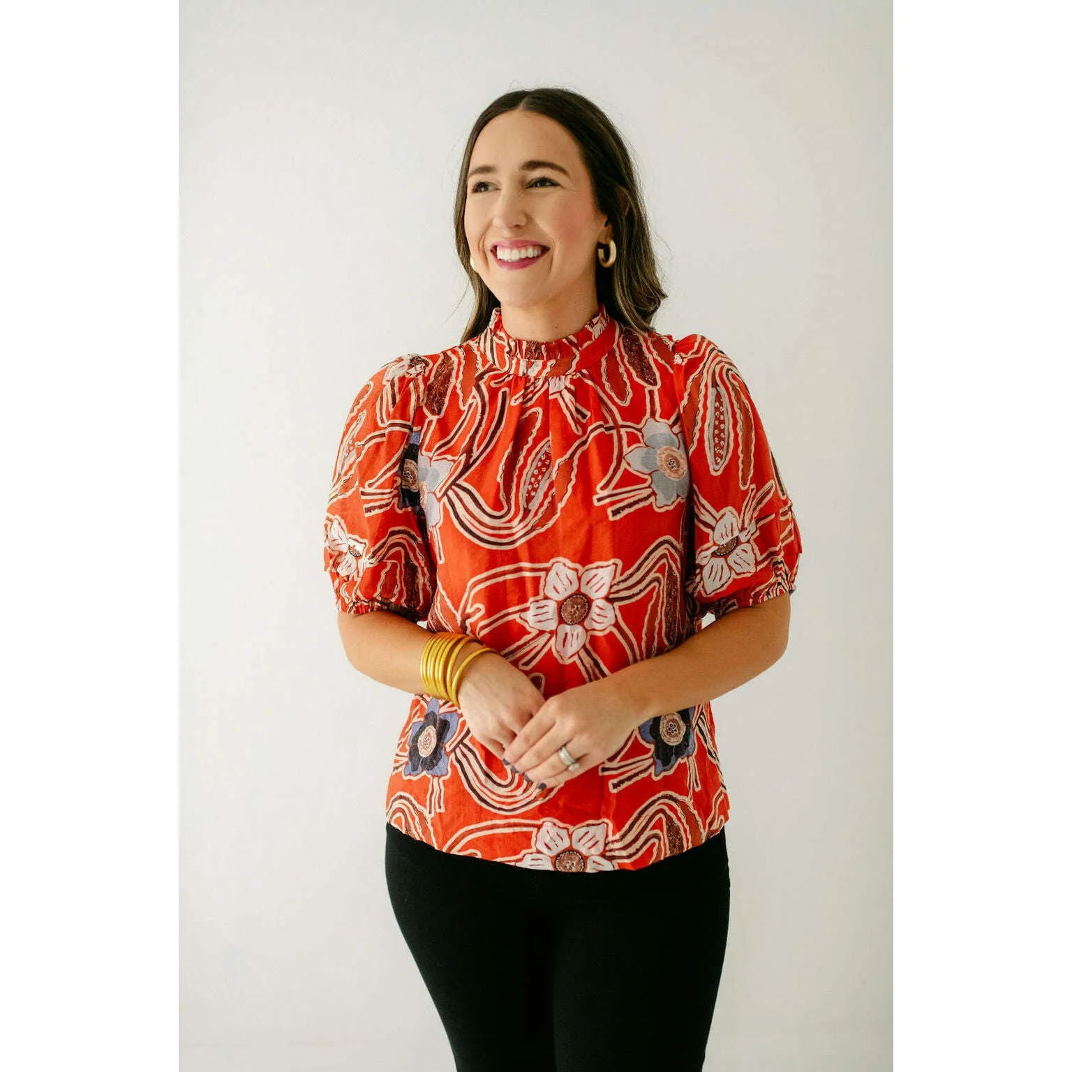 Joy*Joy Red Poppies Ruffle Neck Top