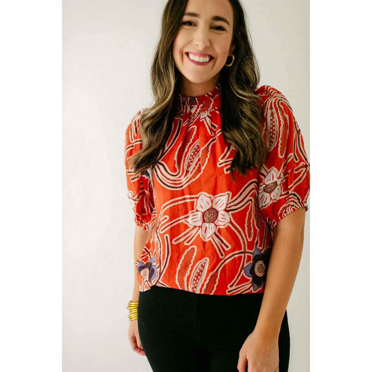 Joy*Joy Red Poppies Ruffle Neck Top