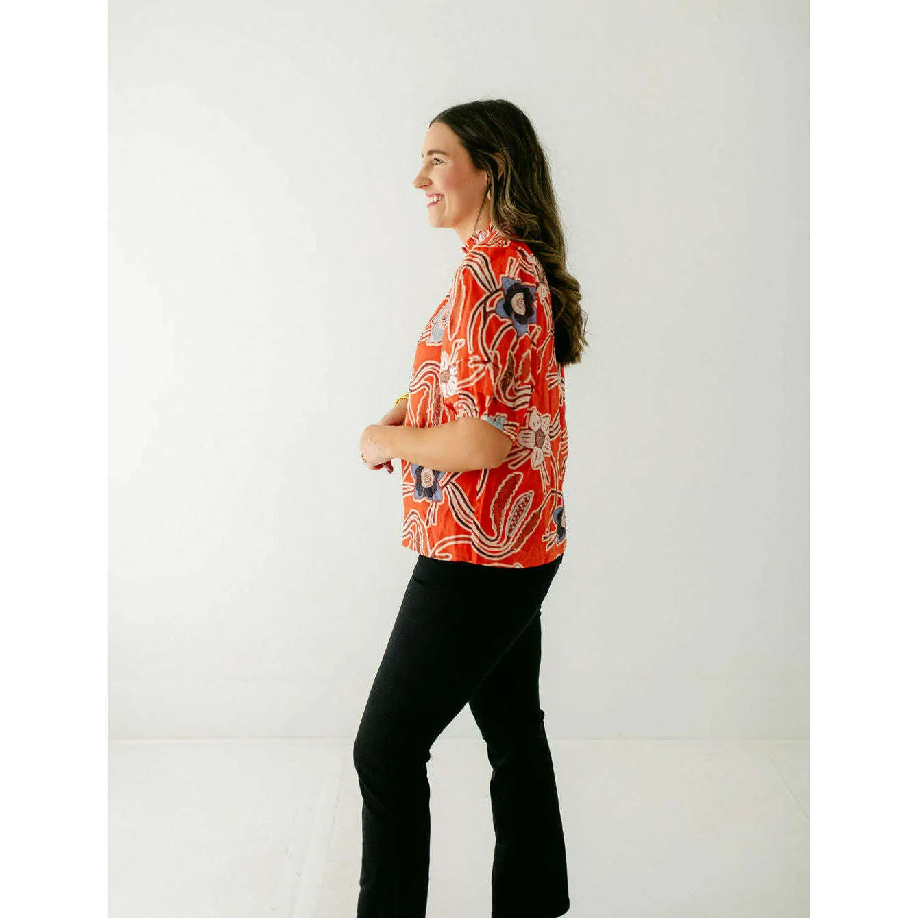 Joy*Joy Red Poppies Ruffle Neck Top