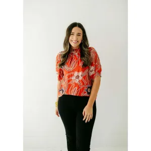 Joy*Joy Red Poppies Ruffle Neck Top