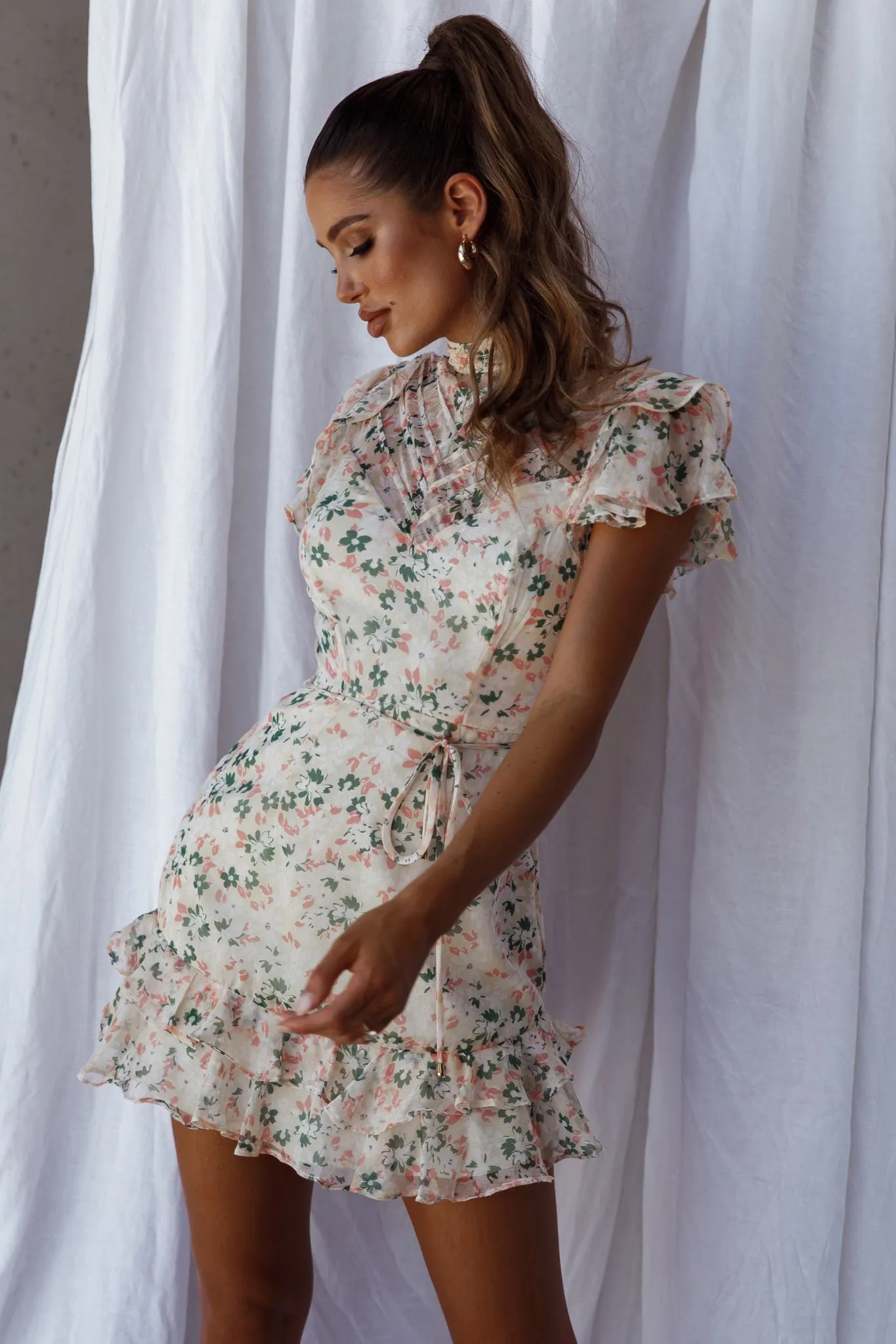 Lark High Neck Ruffle Sleeve Dress Flower Print Yellow