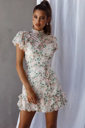 Lark High Neck Ruffle Sleeve Dress Flower Print Yellow