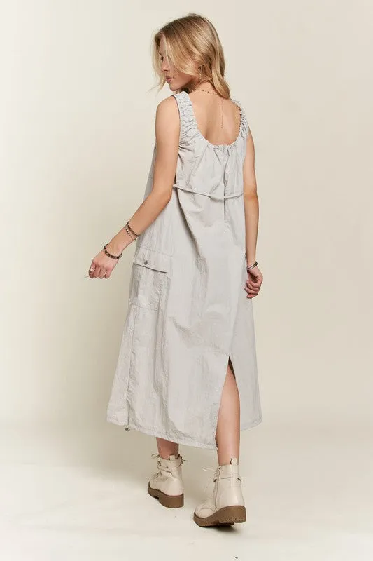 Light Grey Drawstring Slit Back Cargo Dress